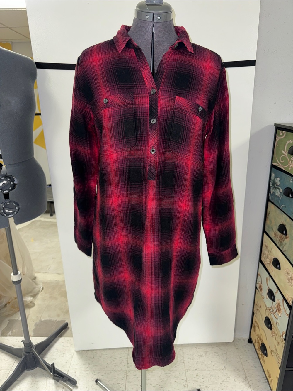 Eddie Bauer Red and Black Plaid Longline Tunic Shirt